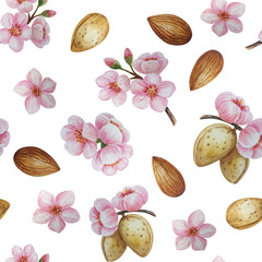 Watercolor seamless pattern with almond nuts. For your design
