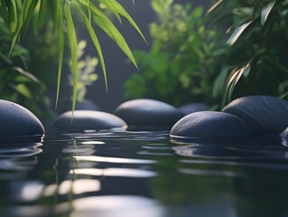Serene Zen Garden, Smooth Stones in Calm Water with Lush Greenery
