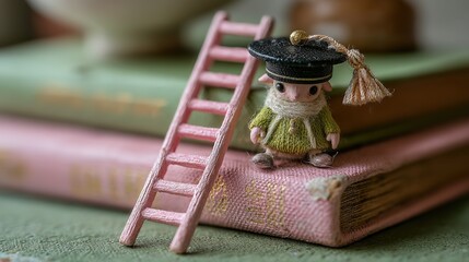 Milestone concept: pink ladder reaching grad cap, fresh light-green vibe, conveying achievement & hope for fund ad, career-training KV or streaming opener