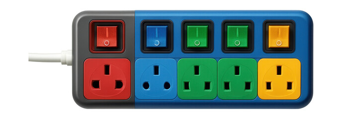 Color-coded power strip with individual switches for easy device management in busy homes.