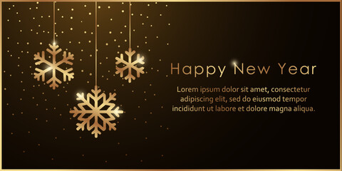 Merry Christmas or Happy New Yearbanner or greeting card template with golden glitter and snowflakes on a dark background.