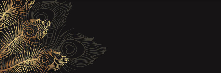 Golden peacock feathers on a black background. Modern luxury banner or template for business or presentation or greeting.
