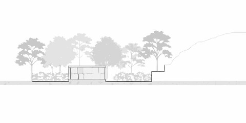 Modern minimalist glass house nestled amongst lush trees and natural landscape with terraced steps