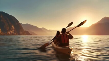 Couple paddles kayak on serene lake at sunset with majestic mountains. - Powered by Adobe