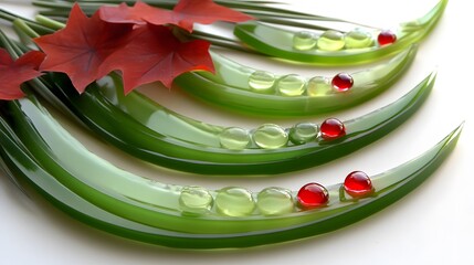 Abstract still life of glass elements red leaves and water drops