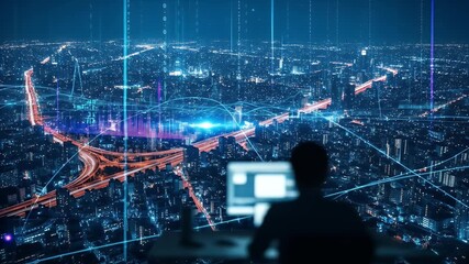 Man working on computer with futuristic city background, showcasing global network and data visualization. - Powered by Adobe