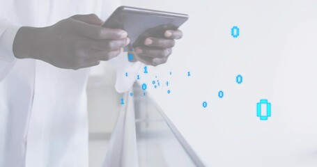 Medical doctor wearing stethoscope glancing at tablet swiping patient info with binary bits flowing - Powered by Adobe