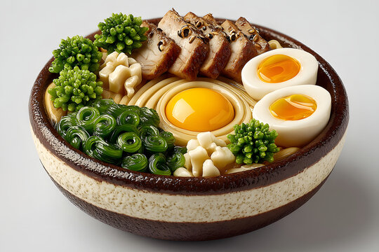  3D reder ramen bowl with noodles, egg, sliced pork, and seaweed. realistic miniature object style. isolated on white background