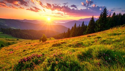 Vivid sunset bathes mountain valley with vibrant colors, golden sunlight