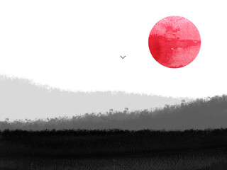 watercolor minimal oriental ink wash painting abstract landscape black mountain fog and red sun with bird traditional japan asian sumi-e art style. isolated on a white background.

