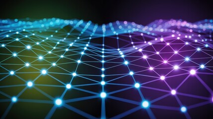 Abstract 3D rendering of a vibrant digital network surface with glowing nodes and connecting lines.