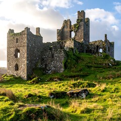 Weathered stone castle ruins on a grassy hill, under a cloudy sky