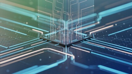 Abstract central processing unit connected by vibrant blue and teal neon data lines symbolizing digital technology and AI.