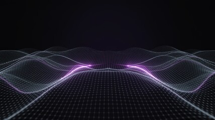 Abstract digital wave surface moving across a dark background with neon pink glowing data transmission lines
