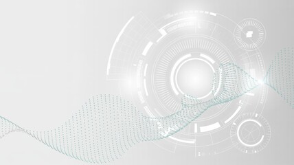 Abstract futuristic technology background with digital HUD elements and flowing particle data wave