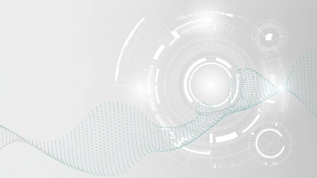 Abstract futuristic technology background with digital HUD elements and flowing particle data wave