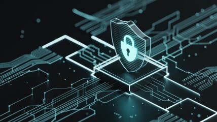 Abstract glowing cybersecurity concept featuring a shield padlock icon over a complex digital network