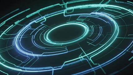 Abstract neon blue and cyan futuristic circular HUD element representing data processing and advanced technology