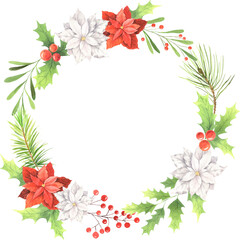 Watercolor Classic Christmas frame with winter poinsettia flowers, cranberries, leaves and coniferous branch isolated