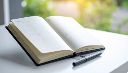 planner open to empty monthly grid with pen resting airy color grade minimal office layout copy space