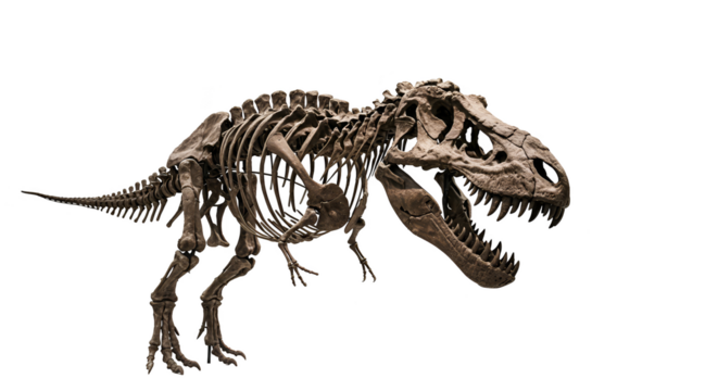 Isolated realistic Tyrannosaurus Rex skeleton on black background with colored digital glitch effect