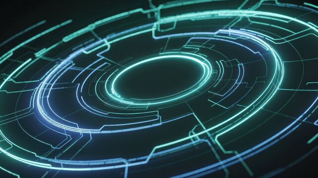 Abstract neon blue and cyan futuristic circular HUD element representing data processing and advanced technology