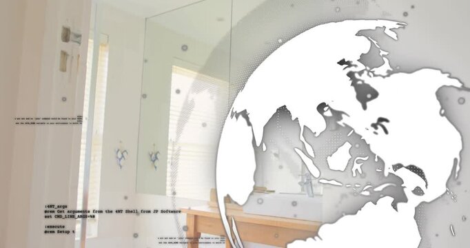 Code overlay appearing left initiating globe rotating and showing data nodes over bathroom scene