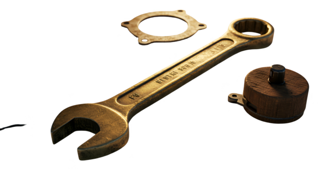 Isolated Realistic Vintage Wrench and Metal Parts on Black Background