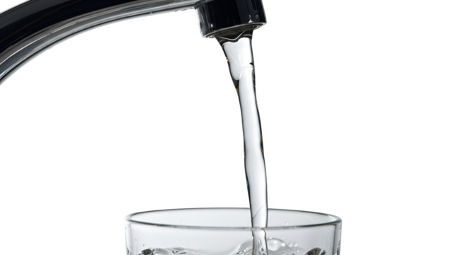 Isolated Realistic Water Pouring From Chrome Faucet Into Glass