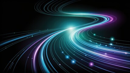 Curving neon light trails symbolizing high-speed data transfer, digital communication, and internet connectivity.