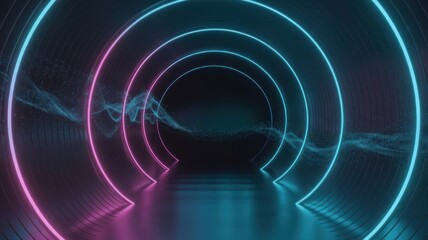 Dark futuristic sci-fi tunnel featuring glowing concentric neon rings and abstract data stream particles