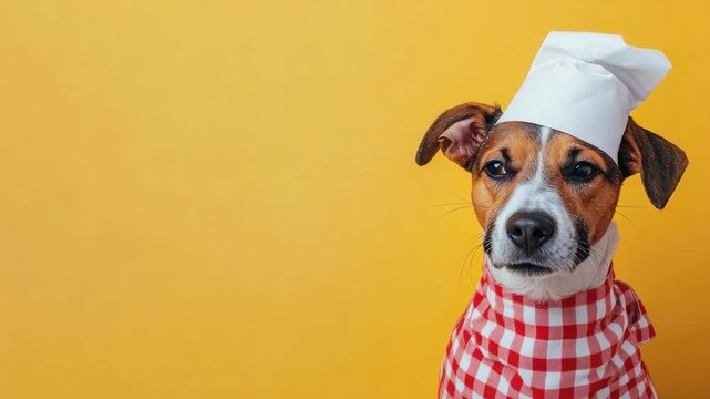 Dog in chef's hat and red-checked scarf against yellow background