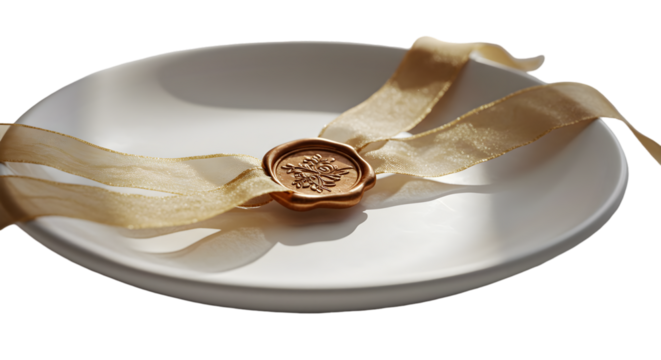 Isolated Realistic Wax Seal on Ribbon Wrapped Plate