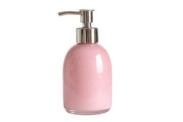 Fototapeta premium Pink liquid soap dispenser with a silver pump isolated on white.