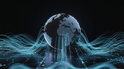 Digital Earth globe sitting on a futuristic circuit board, connected by glowing blue data streams.