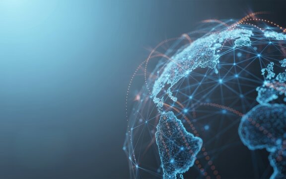 Digital Earth globe showing glowing network connections symbolizing global communication, data, and technology.