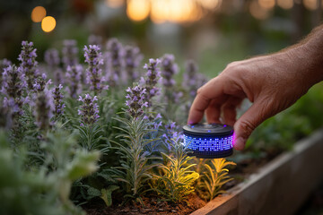 A male gardener installs a smart sensor to monitor and analyze data in a flower bed. Flower growing.