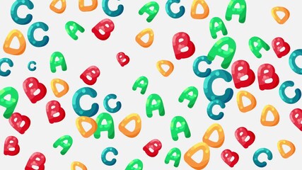 Colorful letters scattered on white background with vibrant hues and playful composition