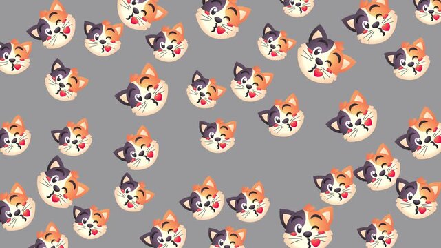 Pattern of cute cartoon cats' faces with orange, black, and white fur on a gray background.