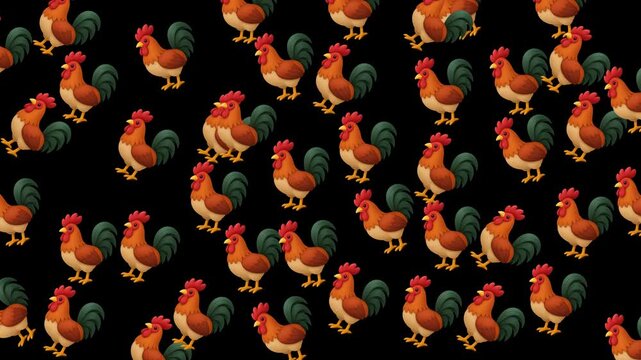 Seamless pattern of colorful roosters on a black background with vibrant feathers.