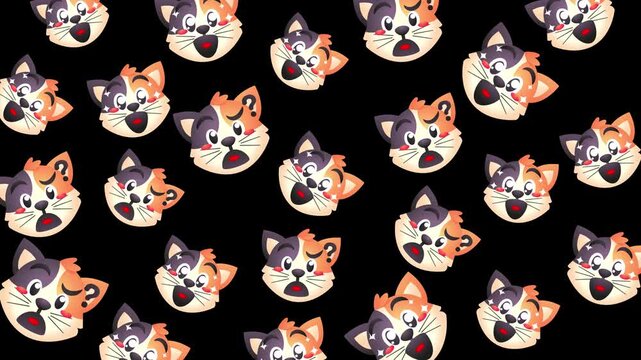 Seamless pattern of cartoon corgi faces with happy expressions on a black background.