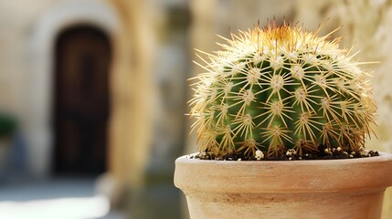 Closeup of globe shaped cactus in flowerpot with sharp spines outdoor