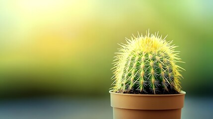 Close-up of a potted cactus with yellow thorns on a gradient background