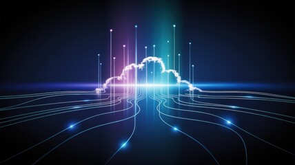 Futuristic cloud computing concept showing glowing data streams flowing into a digital network structure