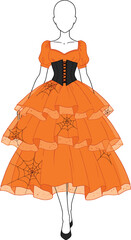 Pumpkin orange Halloween tulle dress with spiderweb embroidery for women isolated