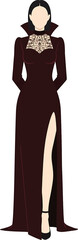Burgundy velvet vampire gown for Halloween women isolated on transparent background