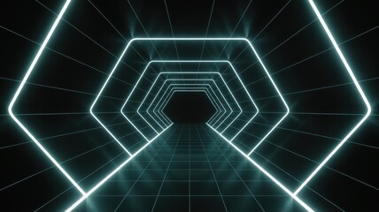 Futuristic neon light tunnel featuring repeating glowing hexagonal frames and a dark wireframe grid floor.