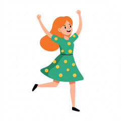Naklejka premium Vector art of happy young woman with orange hair in a green polka dot dress