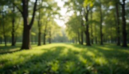 Fototapeta premium Abstract Green Bio Blur Background of Trees and Foliage in Morning Sunlight