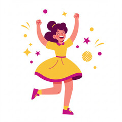 Vector art of happy girl in yellow dress celebrating with confetti and stars